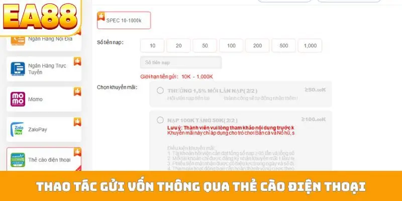 Thao tác gửi vốn thông qua thẻ cào điện thoại